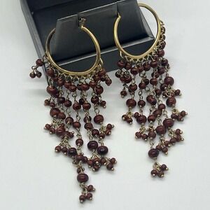 Vintage Large Hoop Earrings Brown Amber Beaded Chandler Dangel Drop EUC